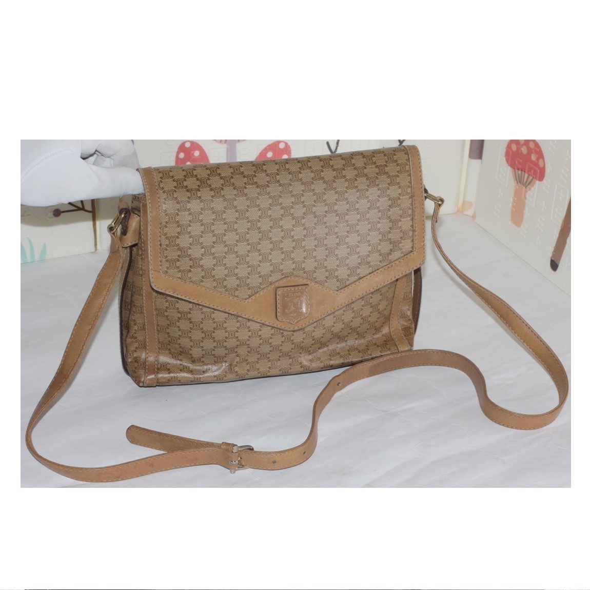 Celine Shoulder Bag Embroidered Beige Logo